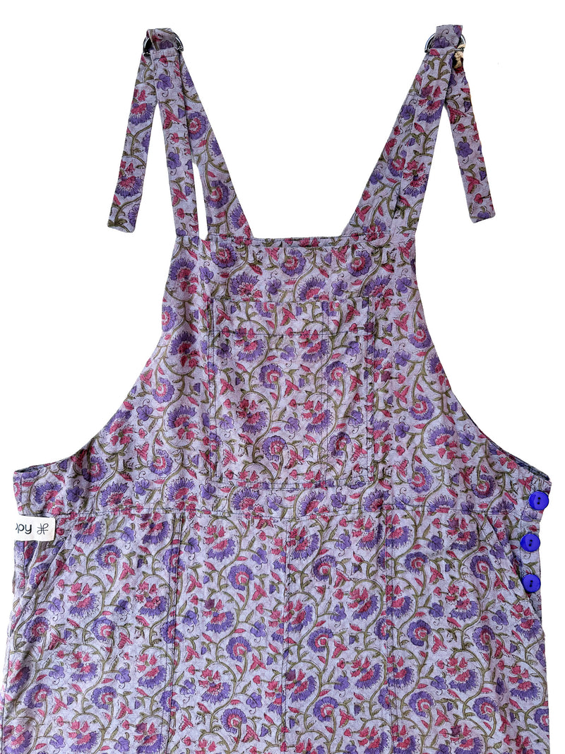 Lavender Vine cotton overalls front view