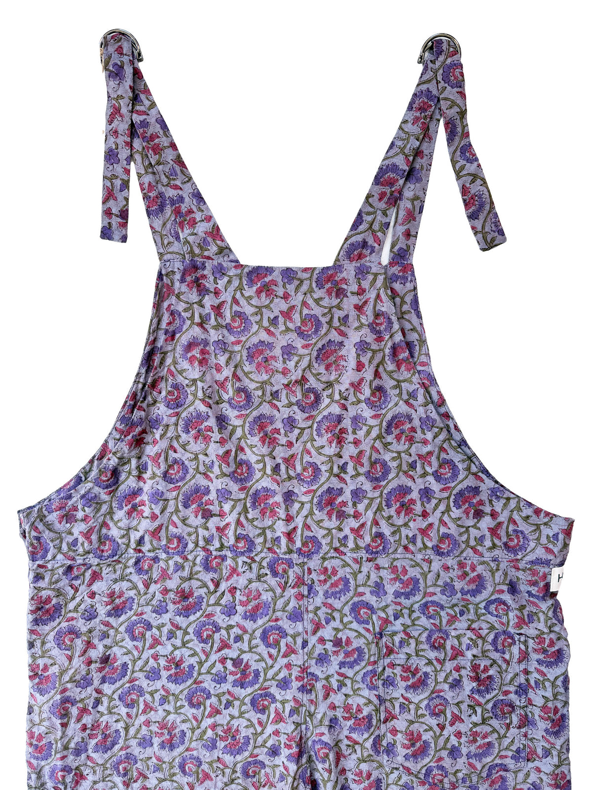 Lavender Vine cotton overalls pocket and strap detail