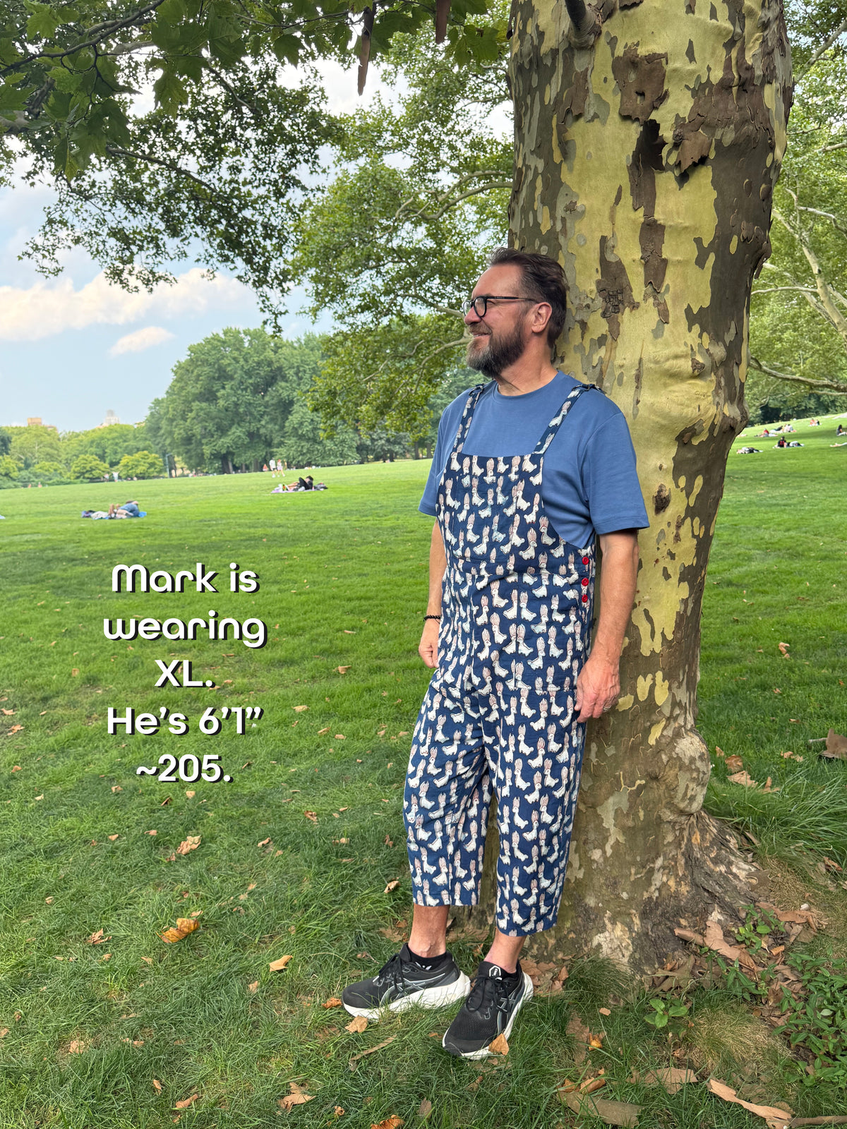 Model Mark wearing Happy Overall cotton overalls in size large