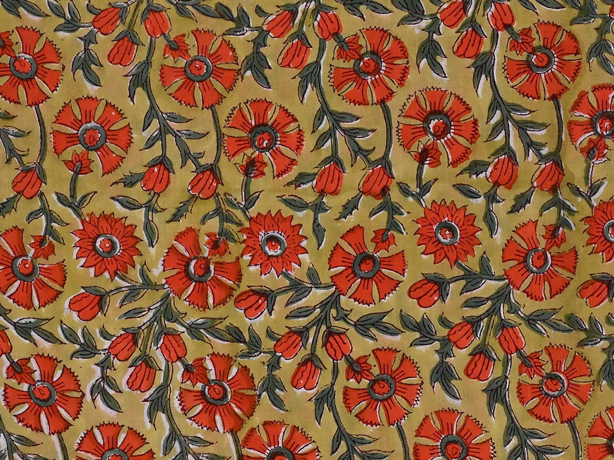 Orange Gola Flower cotton overalls fabric closeup