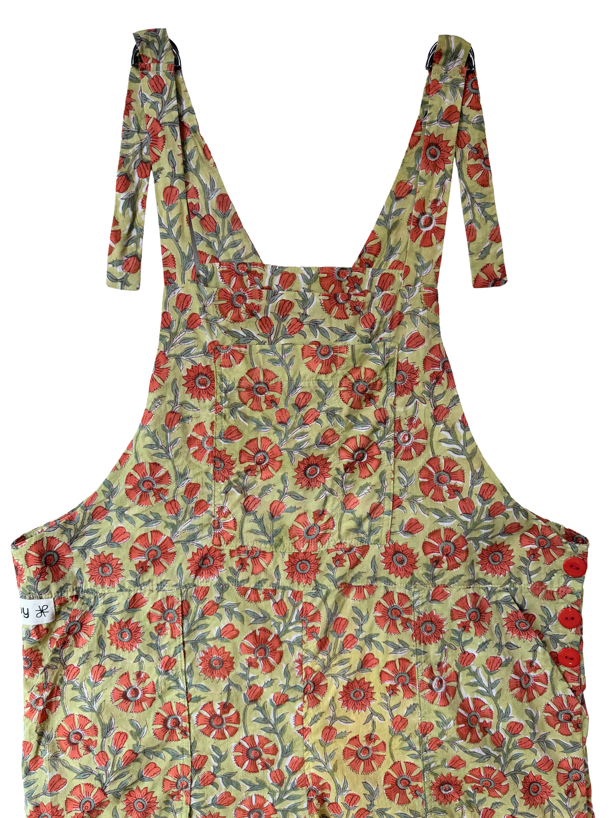 Orange Gola Flower cotton overalls front view closeup