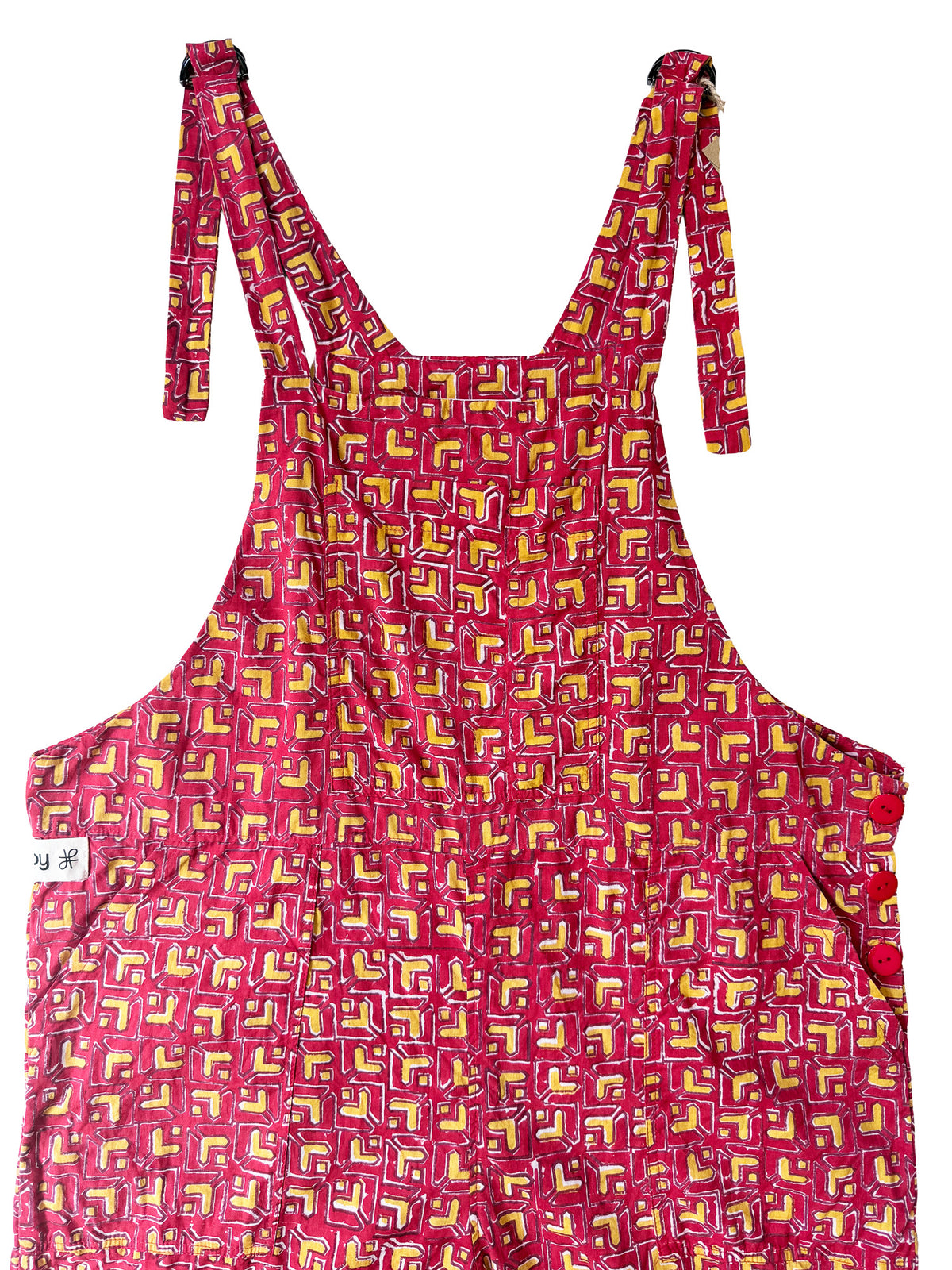 Red Temple Tile cotton overalls front view