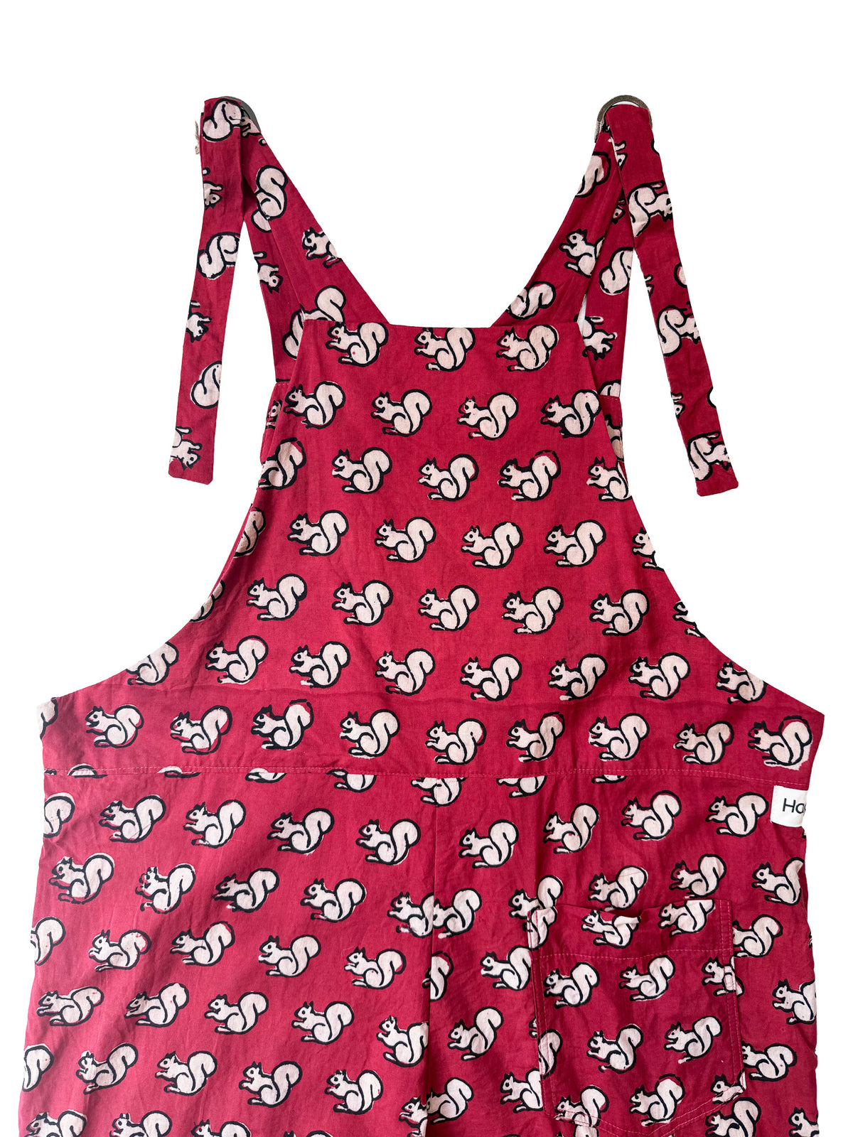 Red Squirrel cotton overalls fabric print detail