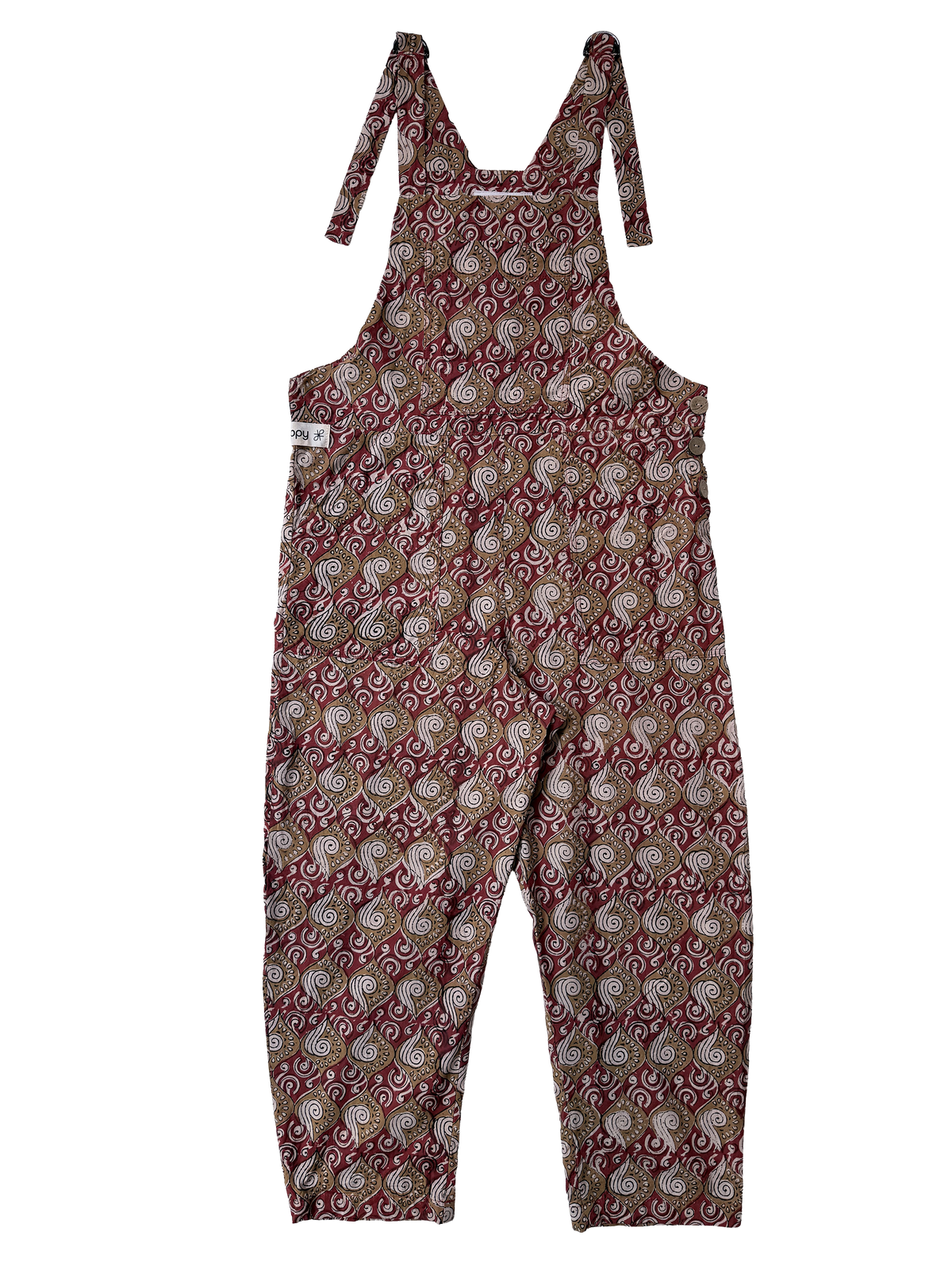 Relaxed Overalls - Gold Waves and Wind on Red, front view