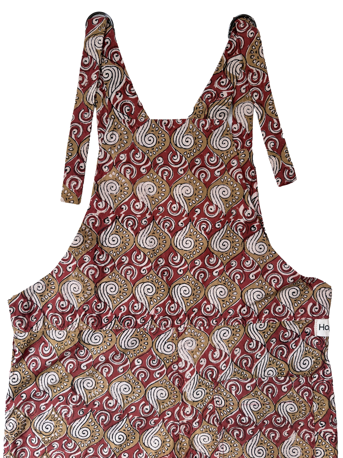 Relaxed Overalls, Gold Waves and Wind on 
Red, back view closeup