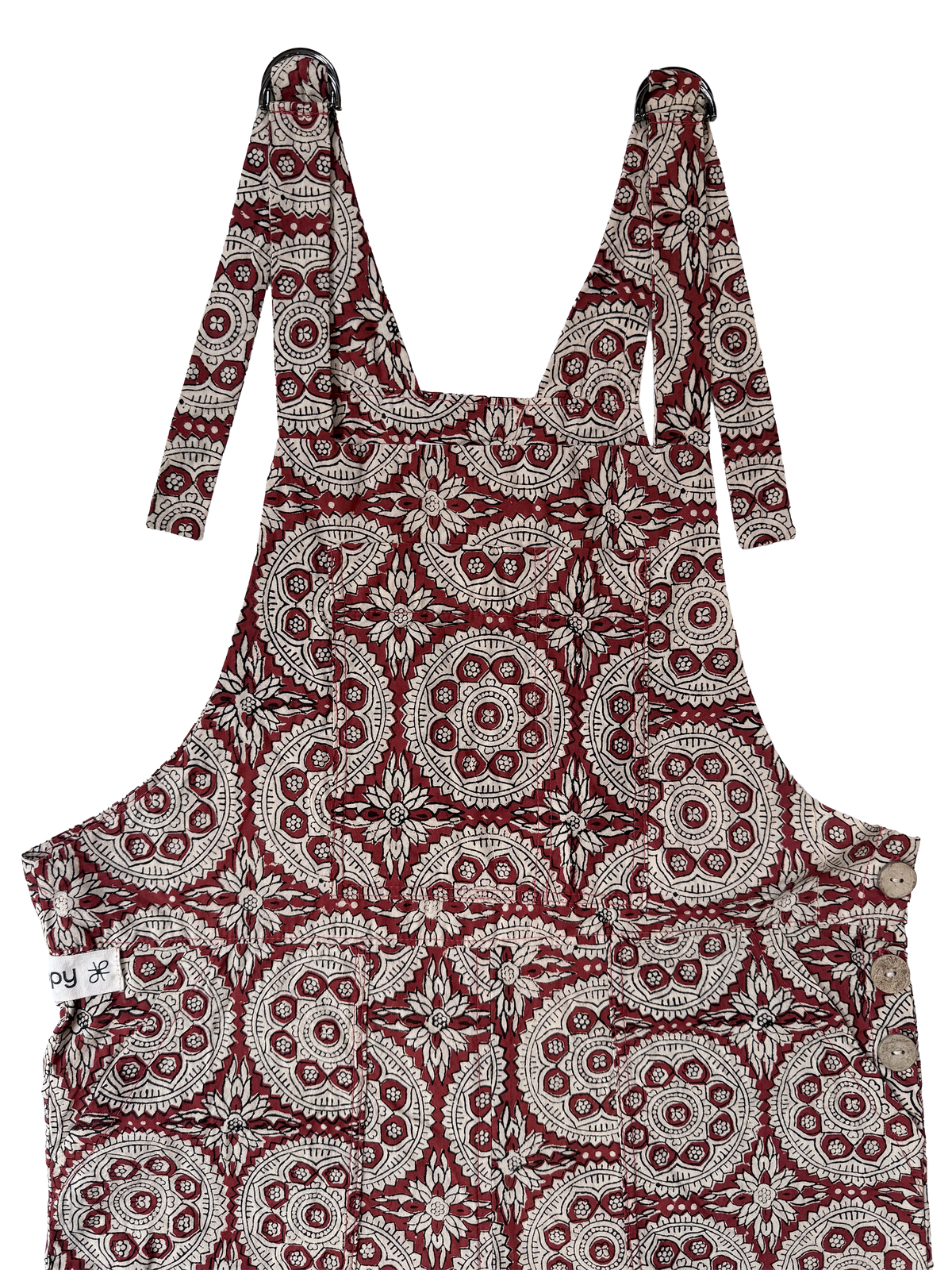 The Relaxed Overalls, Red Mandala, front view closeup