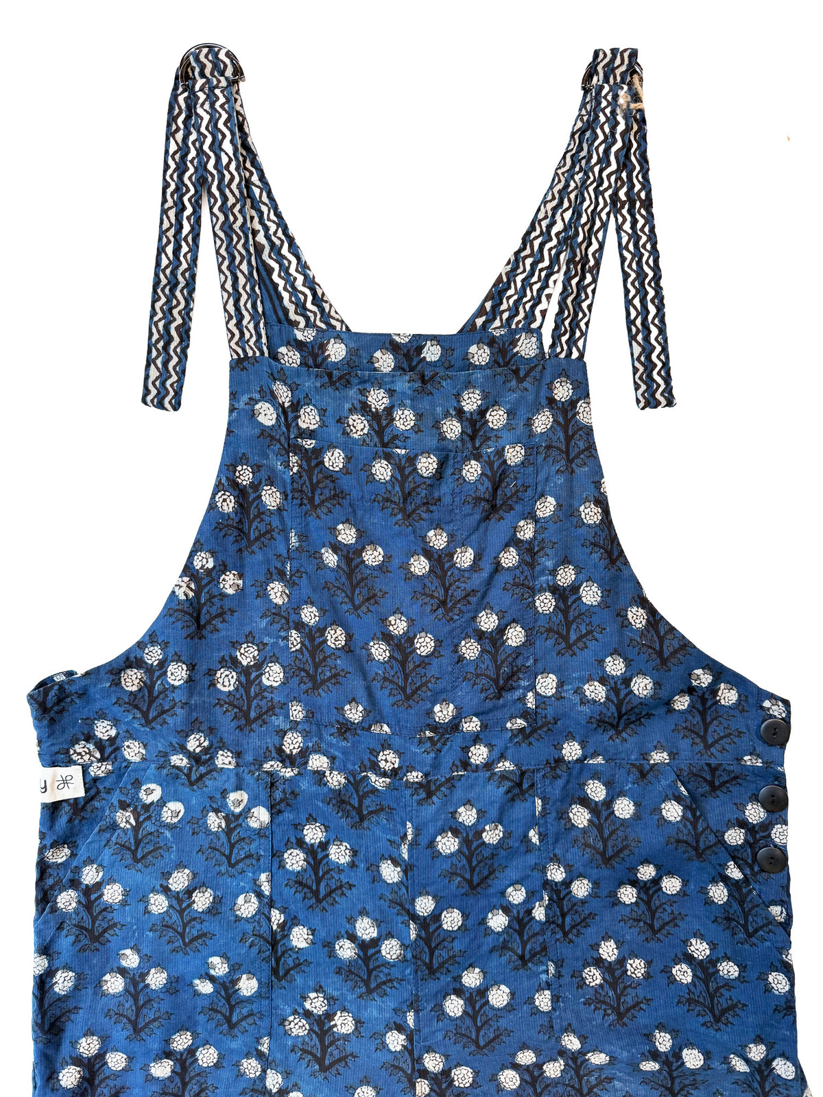 Three Indigo Flowers cotton overalls front view