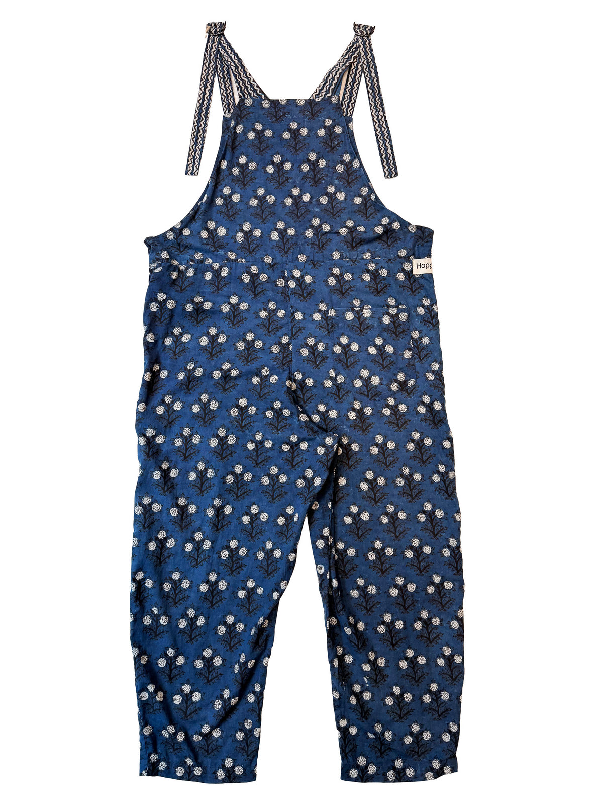 Three Indigo Flowers cotton overalls pocket and strap detail