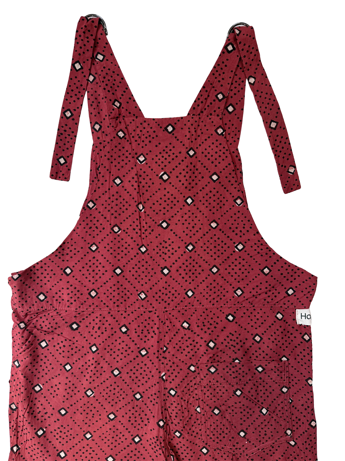 The Relaxed Overall, Tiny Diamonds on Red, back view closeup