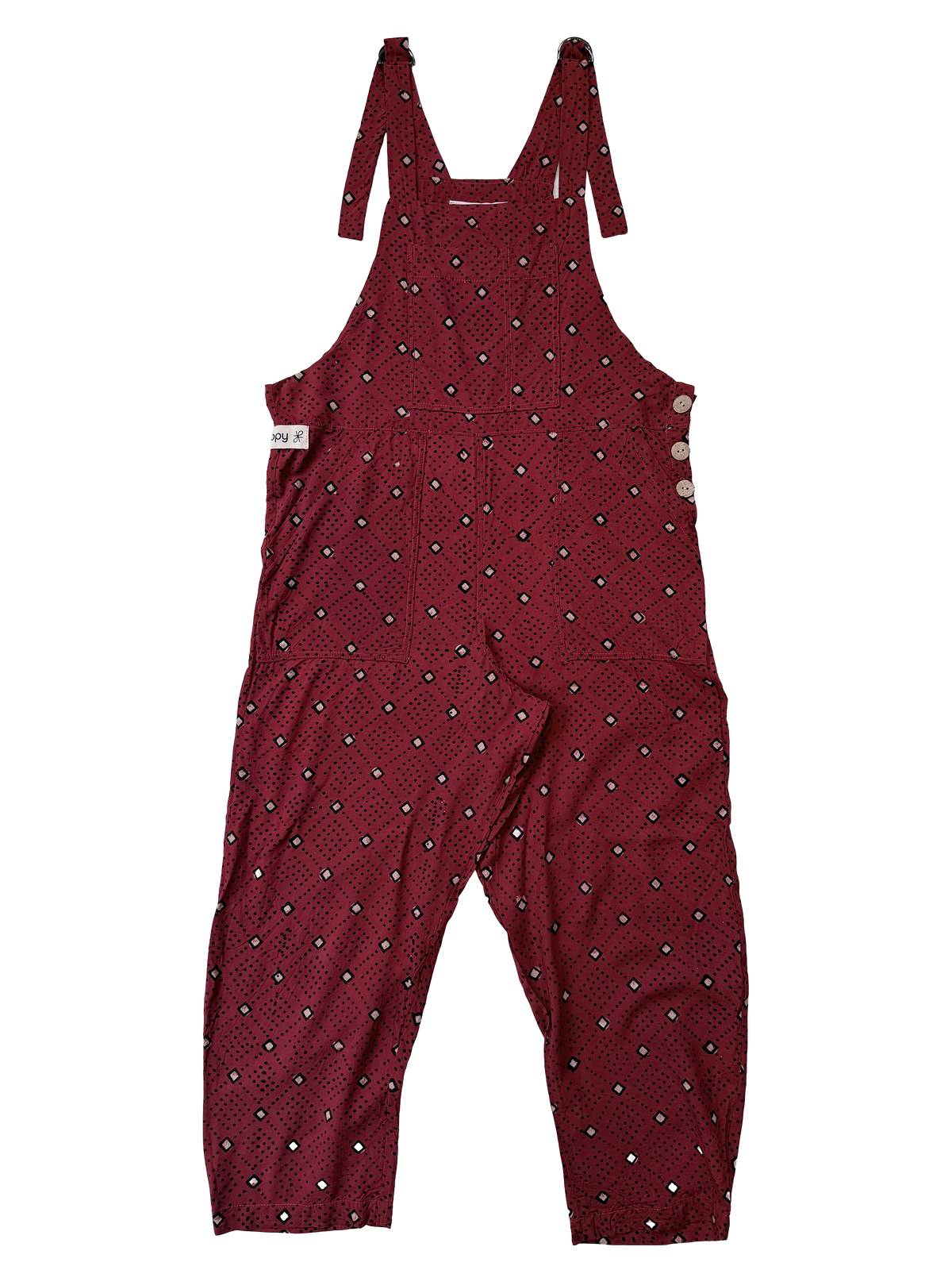 The Relaxed Overall, Tiny Diamonds on Red, front view
