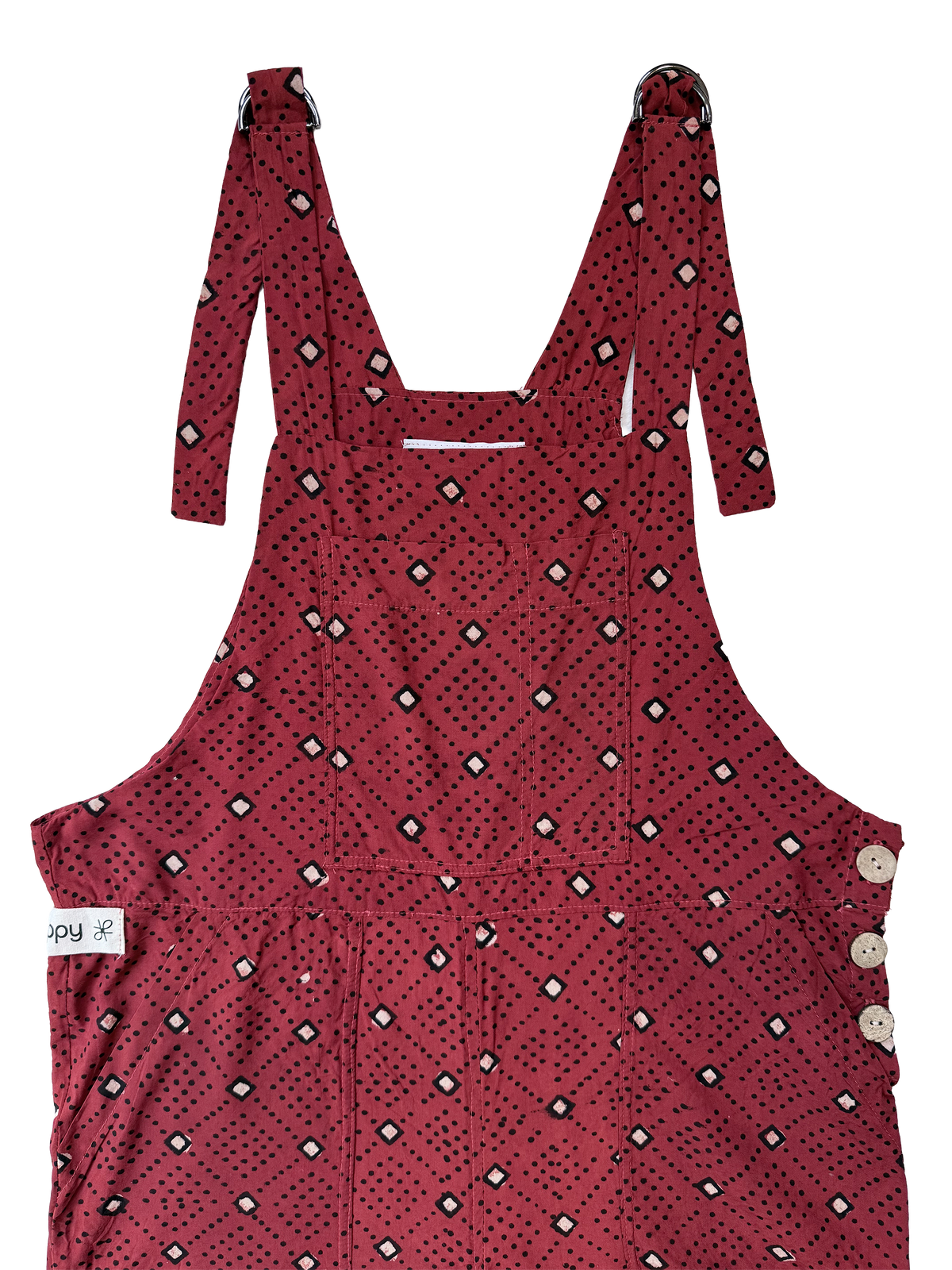 The Relaxed Overall, Tiny Diamonds on Red, front view closeup