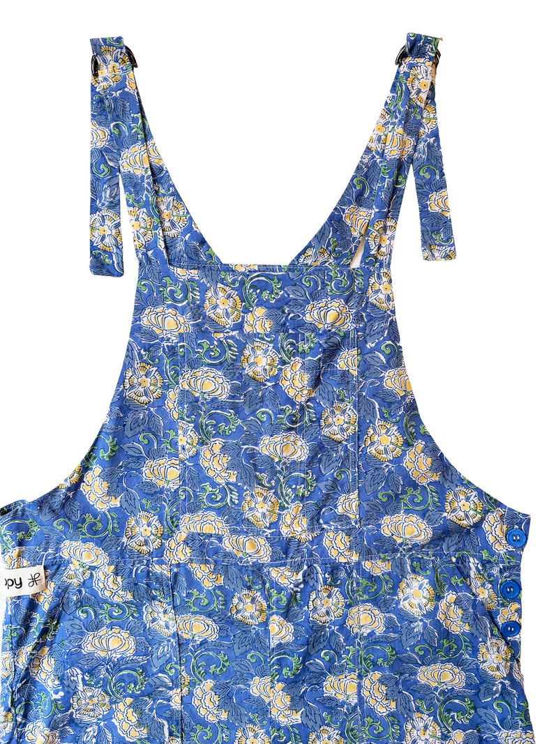 Marigold on Blue cotton overalls front view
