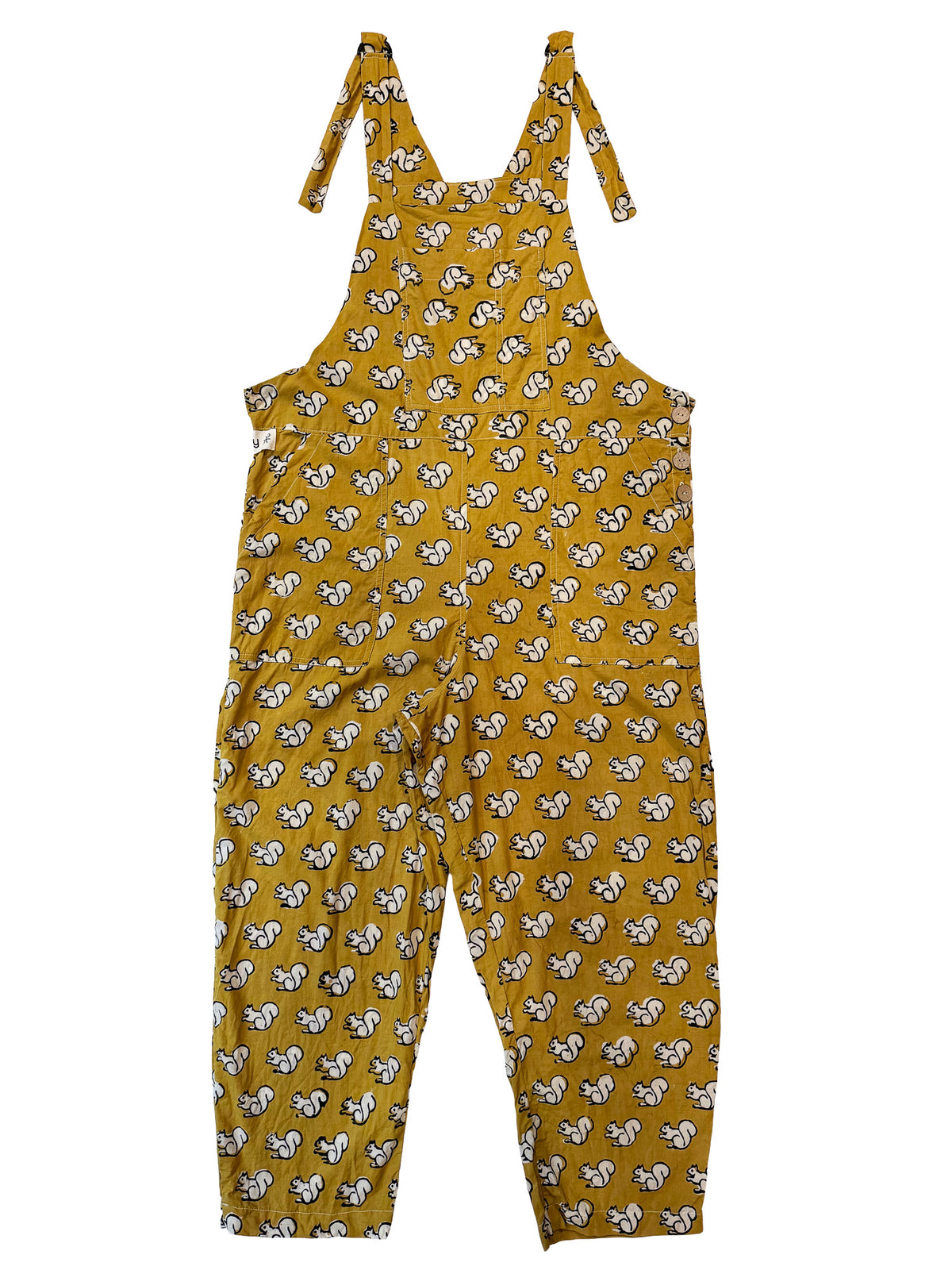 Yellow Squirrel cotton overalls fabric print detail